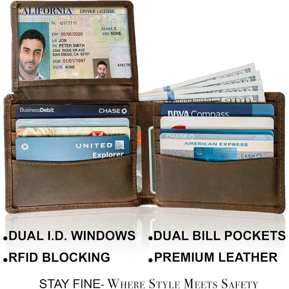 🆕Men Brown Top Grain Leather Extra Capacity Bifold Strong Stitching Wallet